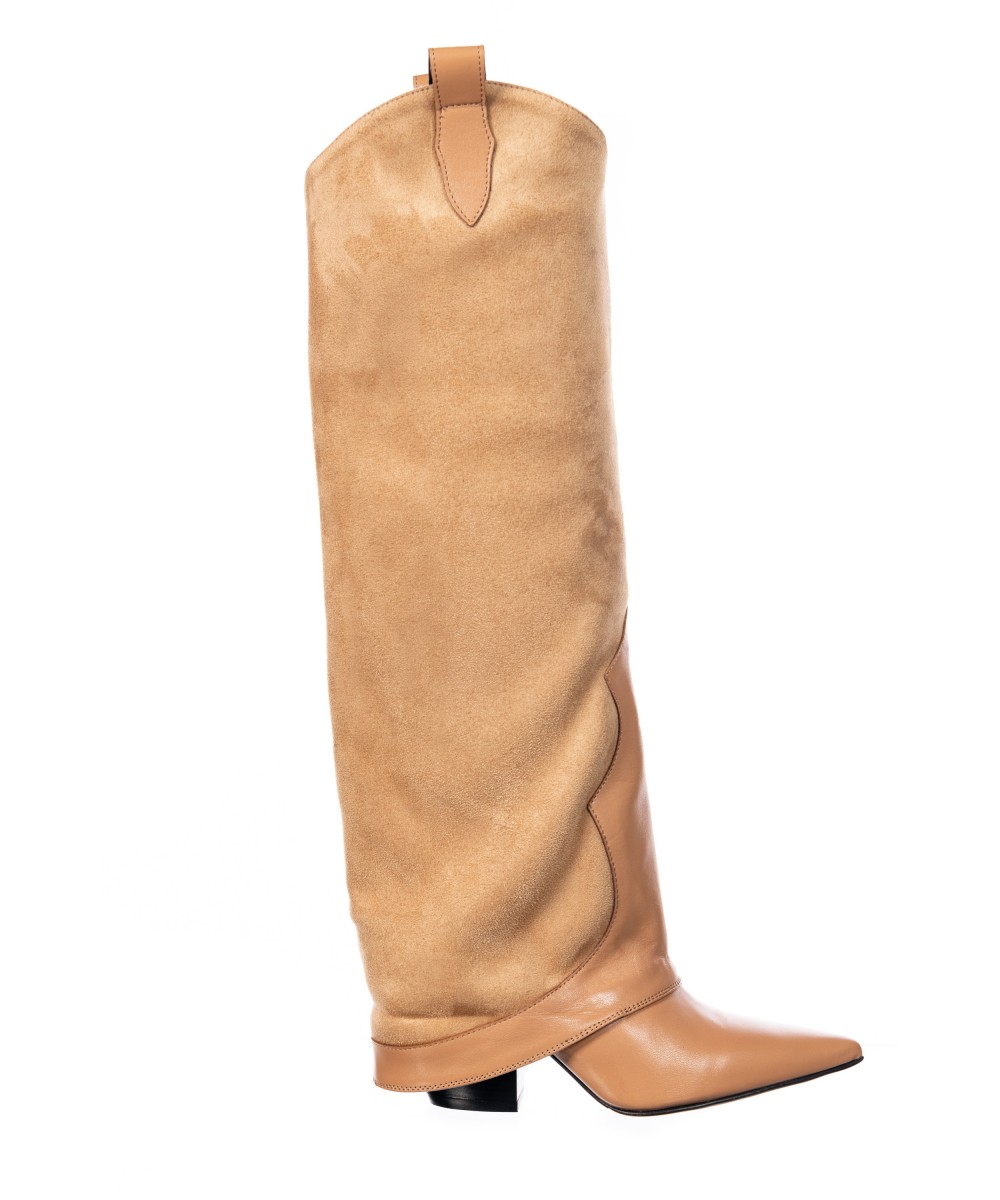 bottes-beige-femme-137yuh-1.jpg Botte Vivi : Cuir & Daim Camel à talon biseauté – Image 1