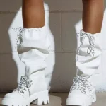 Bottes blanches mi mollet pour femmes bottes plates à lacets et bout rond
