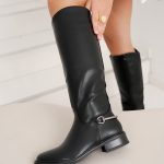 Bottes cavalières femme noires élégantes à semelle fine et boucle argentée