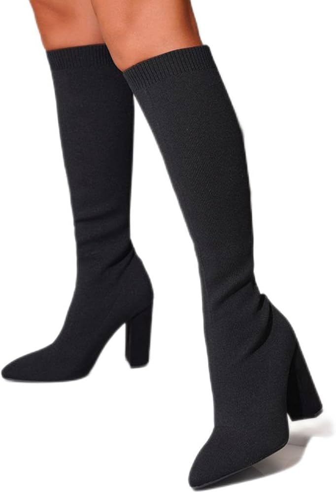 bottes-chaussettes-femme-540bph-1.jpg Bottes à chaussettes montantes tendance pour femmes, tissu extensible noir, bout pointu, talons carrés, décontractées, à enfiler noir, 36 : Amazon.fr: Mode – Image 1