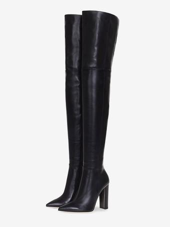 bottes-cuissardes-506tsm-1.jpg Bottes cuissardes pour femmes couleur unie bout pointu talon épais cuissardes – Image 1