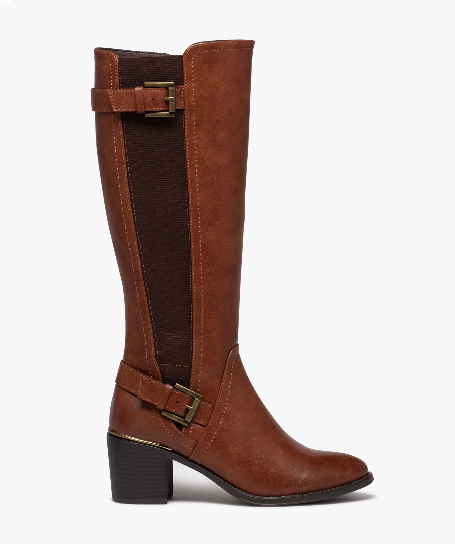 bottes-femme-marron-336ytm-1.jpg Bottes Femme Marron Talon Bottes Femme Unies à Talon Carré Avec Liseré Métallisé Marron GEMO – Image 1