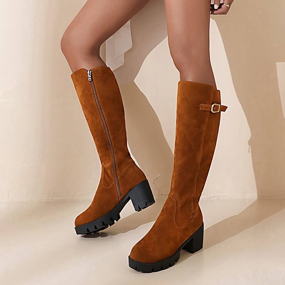 bottes-femme-mollet-large-263ubo-1.jpg Bottes à Mollet Large pour Femmes Bottes à Plateforme à Semelle Souple Mi Mollet Élastique Chunky Block Heel Cuir Genou High Knight Booties Bout Rond ... – Image 1
