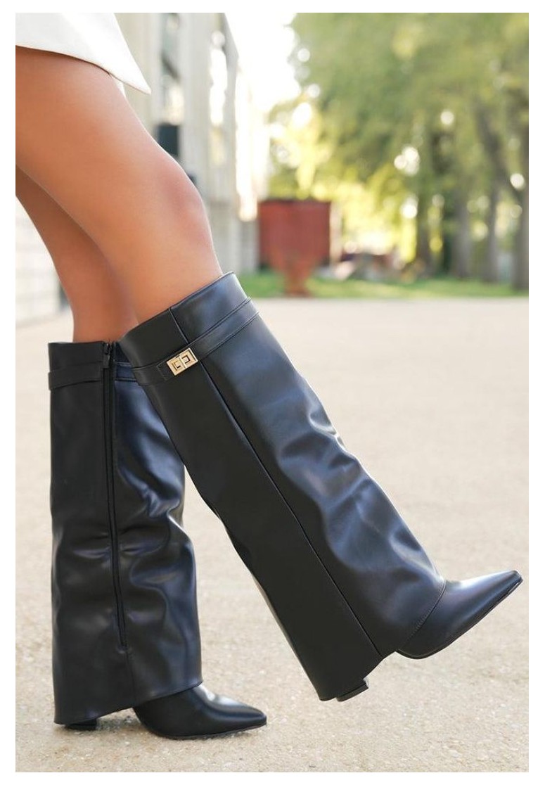 bottes-femmes-noires-667ijk-1.jpg Bottes noires à revers détails dorés – Image 1