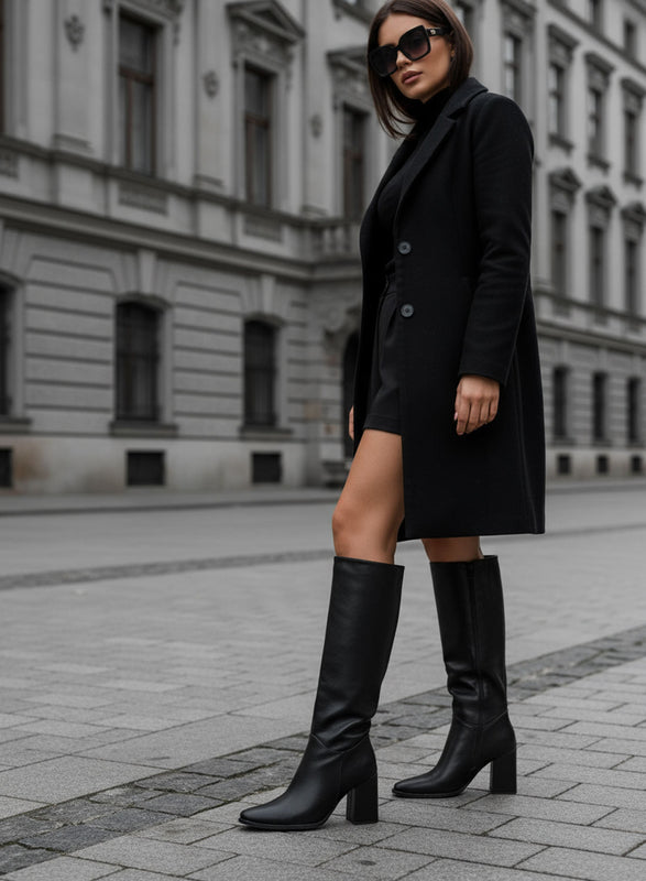 bottes-hautes-noires-429cud-1.jpg ERIKA Bottes hautes noires en cuir écologique martelé avec talon con – Alexoo – Image 1