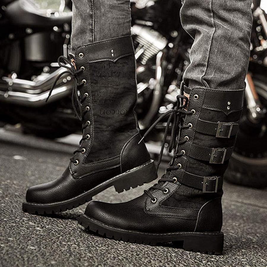 bottes-homme-cuir-275tpm-1.jpg Susenstone Bottes Moto Homme En Cuir Mode Pas Cher Boots à Talon Plates Cavaliere A Lacets De Neige Automne Hiver Chaud Vintage Hautes Chaussure De CavalièRes : Amazon.fr: Mode – Image 1