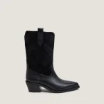 Bottes à bouts pointus et surpiqures apparentes en cuir grainé noir et croûte noire | TATIANA