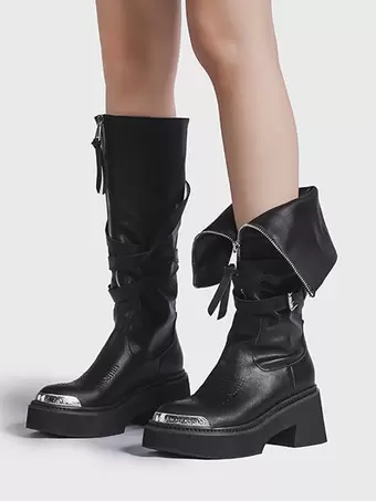 bottes-mi-mollet-femme-289xsn.webp Bottes Mi Mollet Femme – Talons Mi hauts, Bout Rond, Fourrure, Style équitation, Bloc à Enfiler, Taille – Image 1