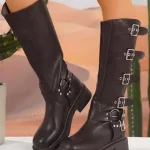 Bottes mi mollet à talon épais et bout rond en cuir PU marron foncé avec boucle bottines femmes Milanoo.com