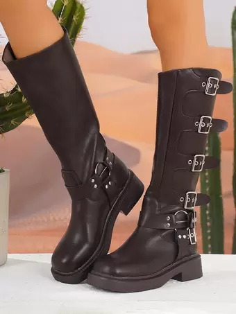 bottes-mi-mollet-femme-530qjo.webp Bottes mi mollet à talon épais et bout rond en cuir PU marron foncé avec boucle bottines femmes Milanoo.com – Image 1