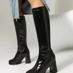 Bottes mi mollet à talon épais et bout rond en cuir PU noir pour femmes