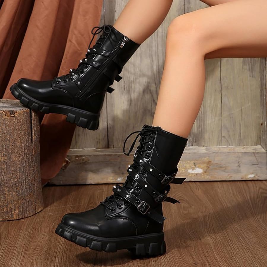 bottes-plateforme-766yls-1.jpg Bottes Plateforme Mi Mollet pour Femme Bout Rond, Boot Femme Plateforme | Bottine À Lacets Botte avec Sangle De Boucle Bottines PU 2025 Nouveau Boot ... – Image 1