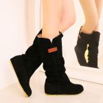 Bottes Montantes Femme En Daim – Mi Mollet, Semelle Plate, Similicuir, Couleur Unie, Noir 39.5 EU