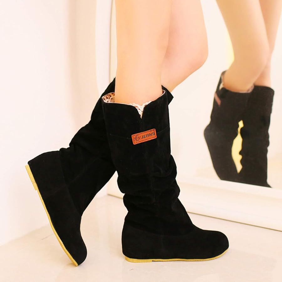 bottes-plates-femme-486mux-1.jpg Bottes Montantes Femme En Daim – Mi Mollet, Semelle Plate, Similicuir, Couleur Unie, Noir 39.5 EU – Image 1