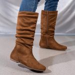 Bottes plates en daim plissé pour femme Couleur unie, marron, 39.5 EU : Amazon.fr: Mode