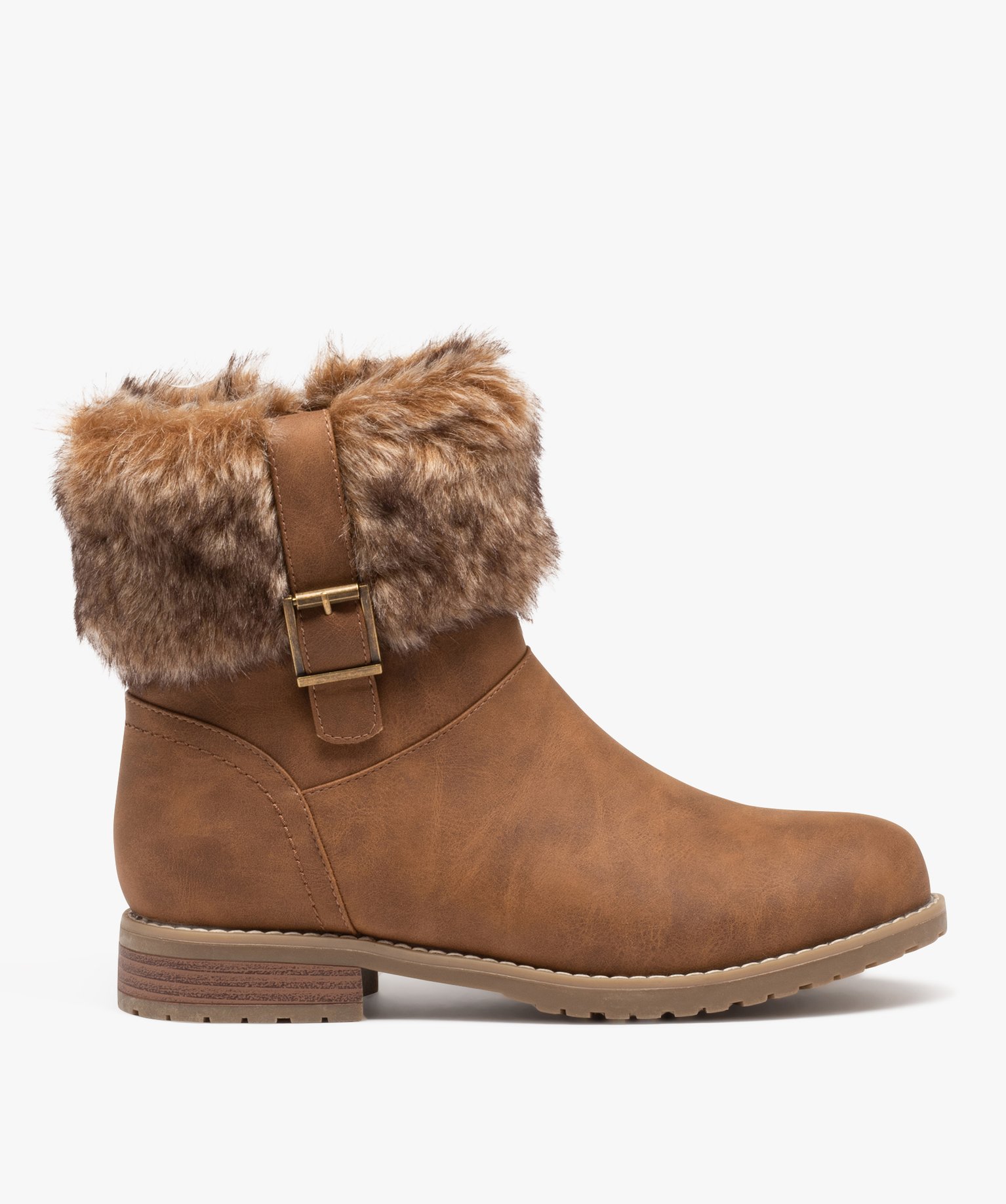 chaussure-fourree-femme-263zhh.jpg Boots fourrées à col fantaisie femme marron clair | GEMO – Image 1