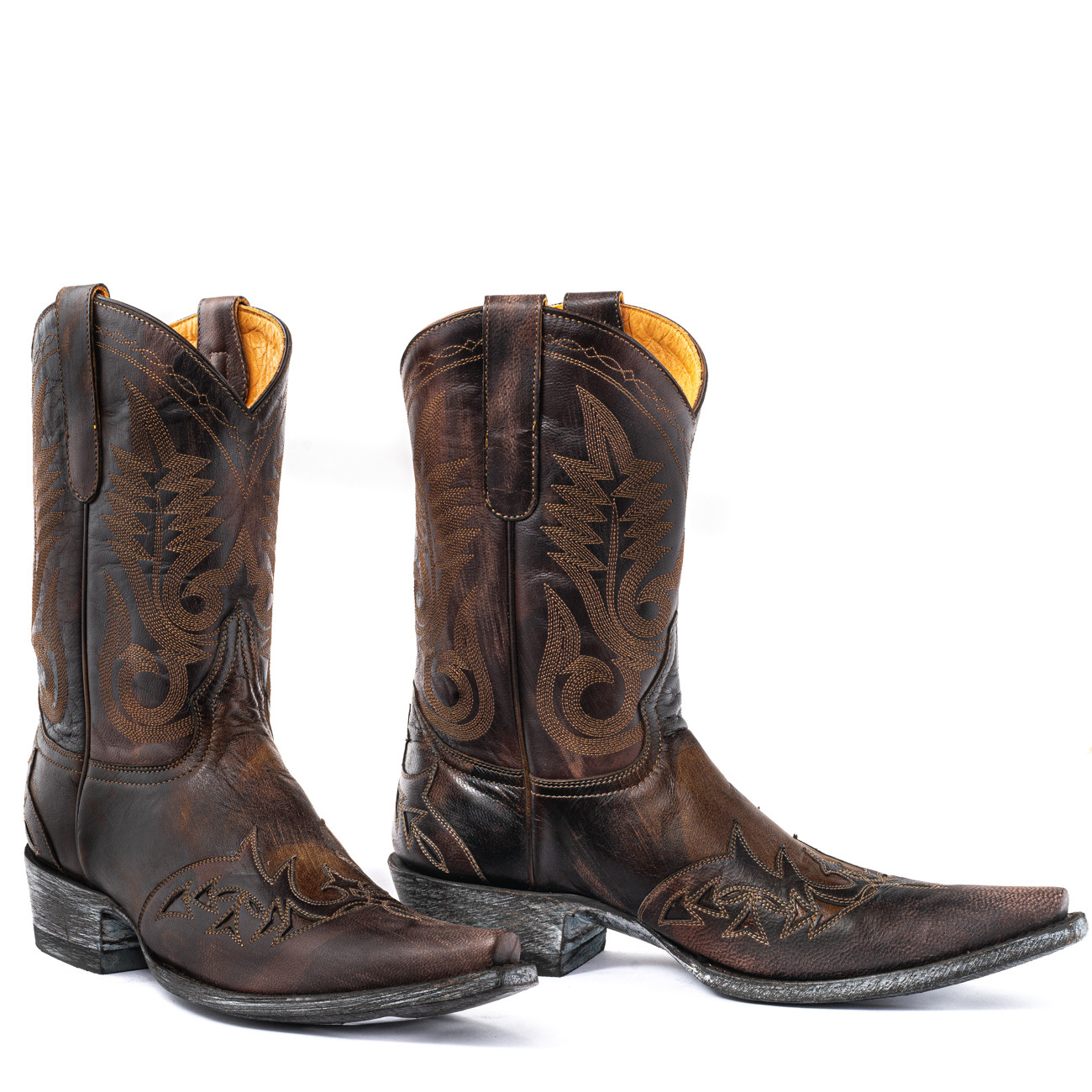 santiag-homme-495dtp-1.jpg Bottes santiags en cuir marron avec surpiqure western Stitched chocolate Santiags homme – Image 1